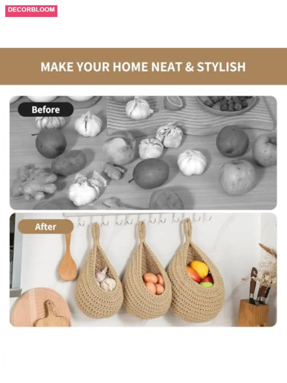 Boho Cotton Rope Hanging Fruit Baskets 3-Pack with Hooks Kitchen Storage
